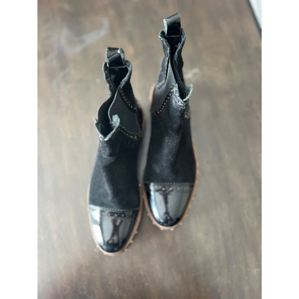 Free People Atlas Chelsea 7/7.5 Black Suede & Patent Leather Studded Ankle Boots